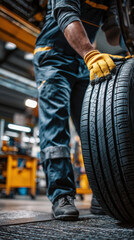 Vertical perspective of skilled worker aligning new tire on vehicle, uniform and safety gear visible, tidy auto shop background with concrete floor and mechanical equipment