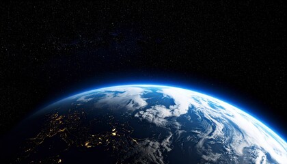 Realistic photo from low orbit, curved edge of Earth filling bottom of frame