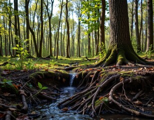 forested wetland absorbing rainwater and purifying it through tree root systems