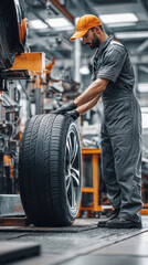 Vertical perspective of skilled worker aligning new tire on vehicle, uniform and safety gear visible, tidy auto shop background with concrete floor and mechanical equipment
