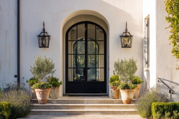 Fototapeta premium Elegant entrance featuring a black arched door, lanterns, and potted plants on a sunny day in a serene residential setting