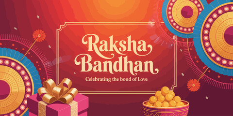  Raksha Bandhan celebration graphic with laddus, gift box, and radiant red-orange background honoring sibling love and festive tradition