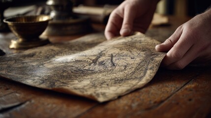 Hands holding an antique map