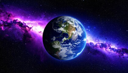 Obraz premium Side view of Earth partially hidden by intense purple plasma-like nebula