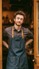 Vertical portrait of smiling young male business owner at coffee shop entrance, wearing apron, hands resting on door frame, cozy store background in warm tones