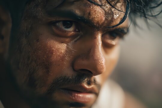 Cricket Player Portrait: Sweat and Determination on the Field - Powered by Adobe