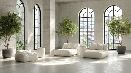 A spacious, minimalist living area with comfortable seating and large windows.