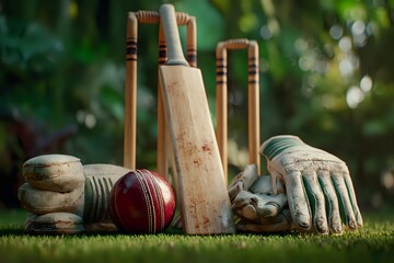 Fototapeta premium Cricket Equipment Still Life: Bat, Ball, Wickets, and Gloves on Pitch