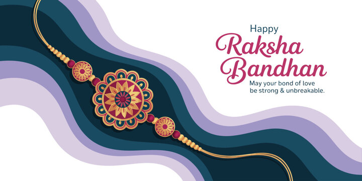 Raksha Bandhan greeting with intricate rakhi bracelet, flowing abstract background, and heartfelt message of love and unbreakable sibling bond
