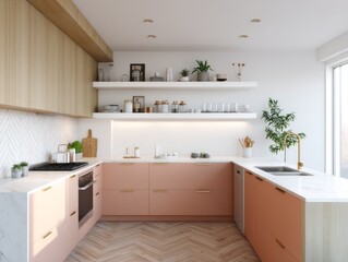 Fototapeta premium A modern, peach-toned kitchen with light wood accents.