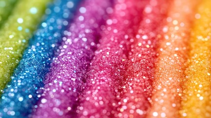 Close-up of rainbow-colored, glittery strands