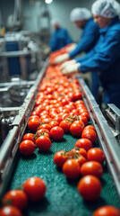 Vertical shot of factory workers in uniform sorting red tomatoes on moving conveyor belt, selective focus on shiny tomatoes, blurred hands and machinery in clean background