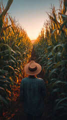 Vertical shot of farmer wearing straw hat standing between rows of tall corn plants at sunset, warm golden light highlighting leaves and soil texture