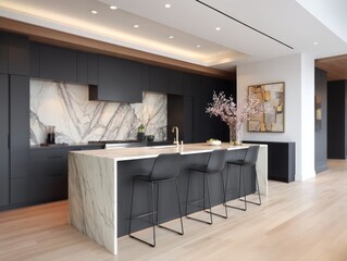 Obraz premium Modern kitchen island with dark cabinets and light marble countertops.