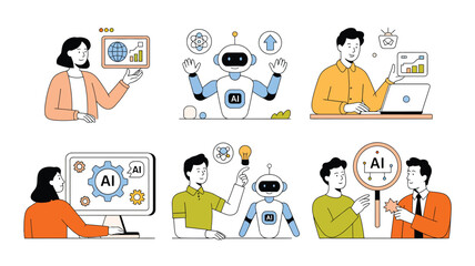 AI and Human Collaboration Vector Collection. Men and Women Interacting with Bots and Virtual Assistants. Machine Learning, Artificial Intelligence Technology Depicted in Clean Linear Vector Style.

