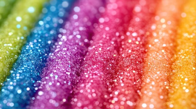 Close-up of rainbow-colored, glittery strands