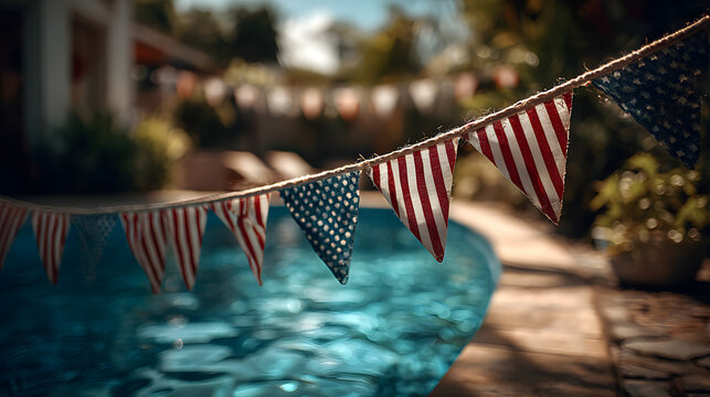 Independence day celebration. American flag bunting outdoor pool summer day patriotic holiday family, family gathering holiday, 4th july