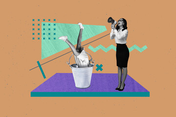 Composite art 3d creative image collage of happy girl promote strike agitation megaphone propaganda...