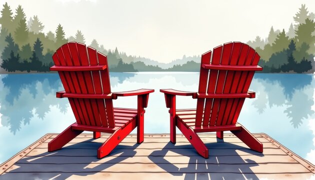 Two red adirondack chairs facing a calm lake at dawn for Canada Day  