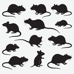 Black rodent silhouettes various poses mouse