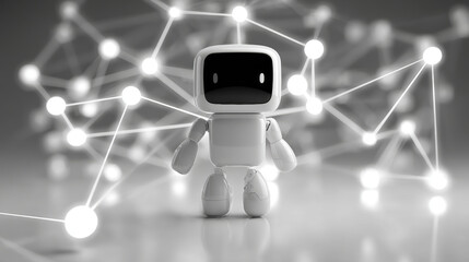 AI Robot and Network, A minimalist 3D illustration of an AI robot connected by glowing lines to a network of abstract nodes. 3d illustration.