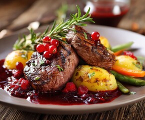 Deer with Vegetables on Cranberry Sauce - Wild Game Meat, on the table, with space for copying
