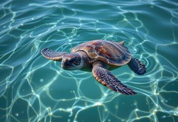 a sea turtle swimming with ease no plastic bags around no danger only clean blue water and peaceful marine life showing how ocean ecosystems benefit from plastic reduction