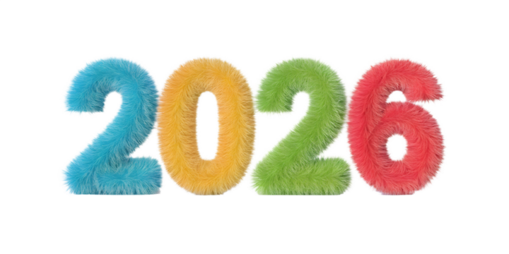 Colorful fuzzy numbers 2026 in vibrant hues on white background  