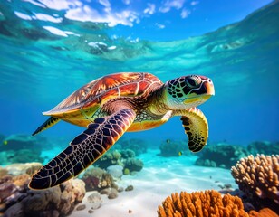 an aquatic turtle gracefully swimming in clear blue water, surrounded by coral and a sunlit sea floor