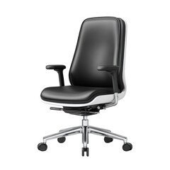 Fototapeta premium Modern Ergonomic Office Chair with Black Leather Seat and Chrome Base for Stylish Workspace