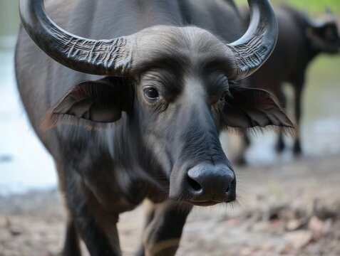 Water buffalo grazing near a river during the late afternoon light in a tranquil rural setting