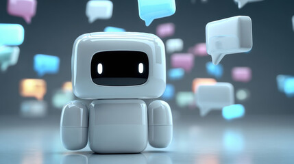 AI Robot and Speech Bubbles ,A minimalist 3D illustration of a sleek, friendly AI robot in a futuristic setting, with multiple abstract, glowing speech bubbles floating.