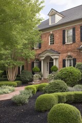 Obraz premium Beautiful brick house surrounded by lush gardens and well-manicured shrubs, showcasing a harmonious blend of architecture and nature in a serene residential area