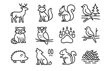 Fototapeta premium Simple animal icons: deer, fox, squirrel, bird, raccoon, owl, paw, hedgehog, beaver