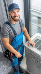 Vertical view of professional HVAC specialist fixing AC unit, standing near window, toolbelt and instruments visible, bright and professional service environment