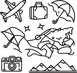 Black and white minimal line art icons for travel and vacation. Include airplane, suitcase, beach umbrella, world map, camera, passport, and mountain 6