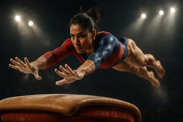 Photorealistic female gymnast above vault during competition with chalk dust and motion blur. Concept of summer sport, strength, speed, control, and elite gymnastics performance.