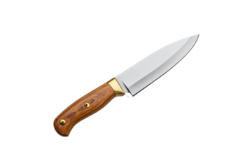Sharp steel blade knife with wooden handle isolated on transparent background