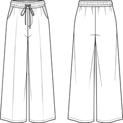 Front and back flat sketch wide leg pants design, drawstring waistband, relaxed fit, casual fashion template, vector clothing illustration