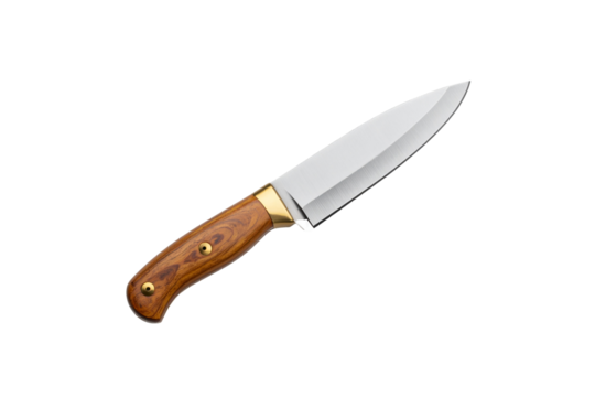 Sharp steel blade knife with wooden handle isolated on transparent background