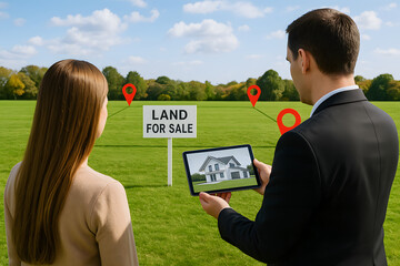 Couple viewing land for sale with digital tablet showing house plan. Concept of real estate investment, property development, and new home construction planning.