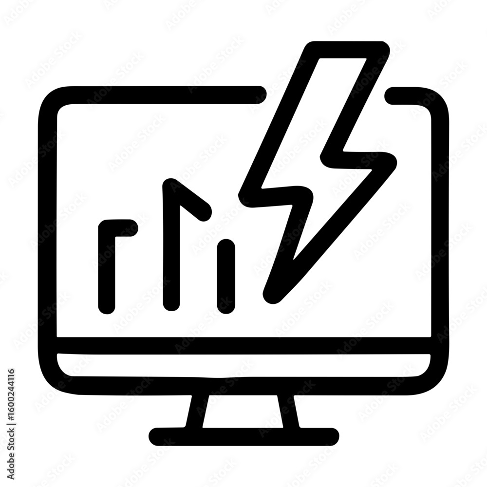 Poster outline simple computer monitor with graph and lightning bolt icon