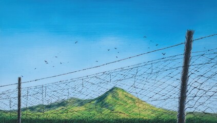Mountain scene behind a wire fence