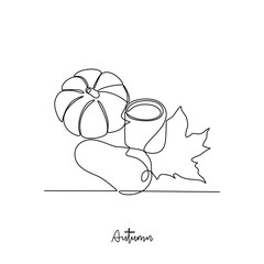 One continuous line drawing of pumpkin related with autumn symbol condition vector illustration. Autumn themes design concept in simple linear continuous line. Vector design for social campaign.