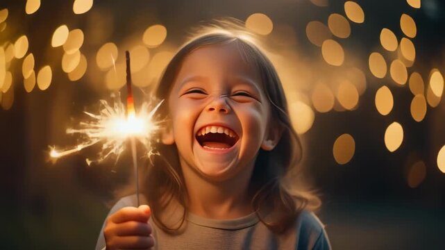 Portrait of a joyful little girl laughing ecstatically while holding a bright sparkler at a magical night celebration.