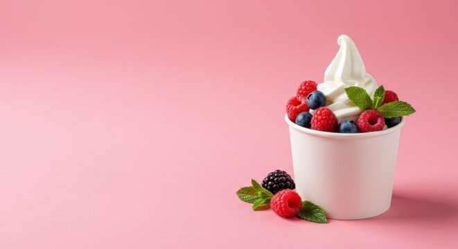 Frozen Yogurt with Berries and Mint in White Cup on Pink Background – Minimal Dessert Concept