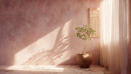 Interior scene with a potted plant in a sunlit room.