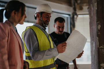 Team of construction workers and architects collaborating on building blueprints. Experienced...