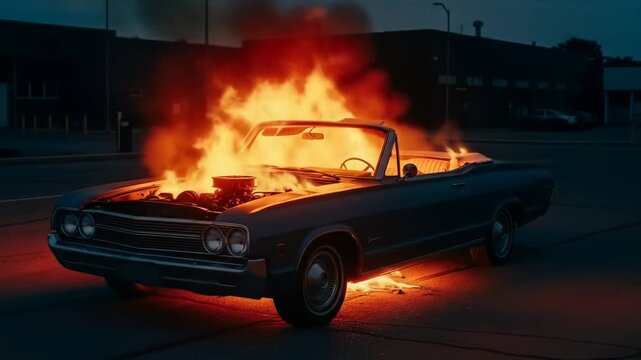 Classic Car Engulfed in Flames at Night - A vintage convertible is on fire, its engine compartment ablaze with bright orange flames.