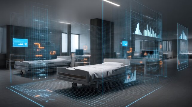 Digital hospital room with patient data overlays